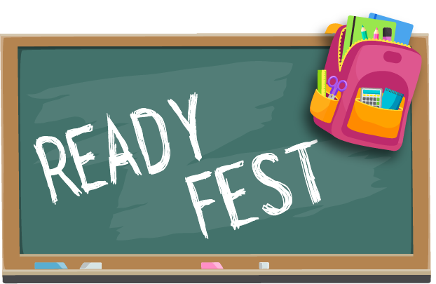 Ready Fest Logo - "Ready Fest" written on a green chalkboard backpack filled with school supplies hanging on the corner.