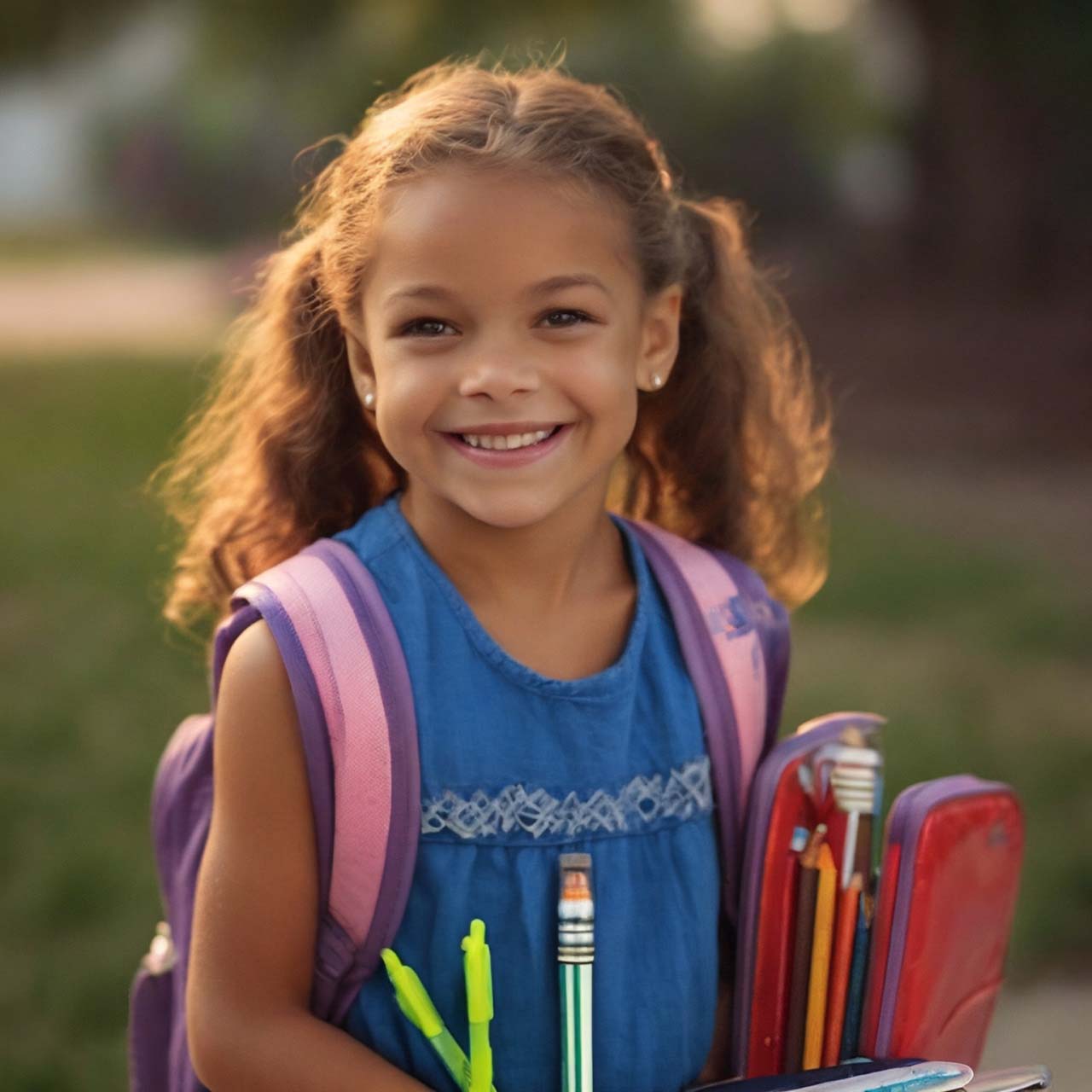 Smiling first grade student on first day of school carrying school supplies.